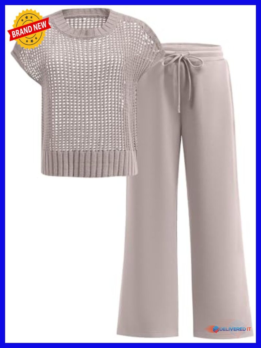 Crochet Sheer Knit Sweater Top & Wide Leg Pants Lounge Matching Set